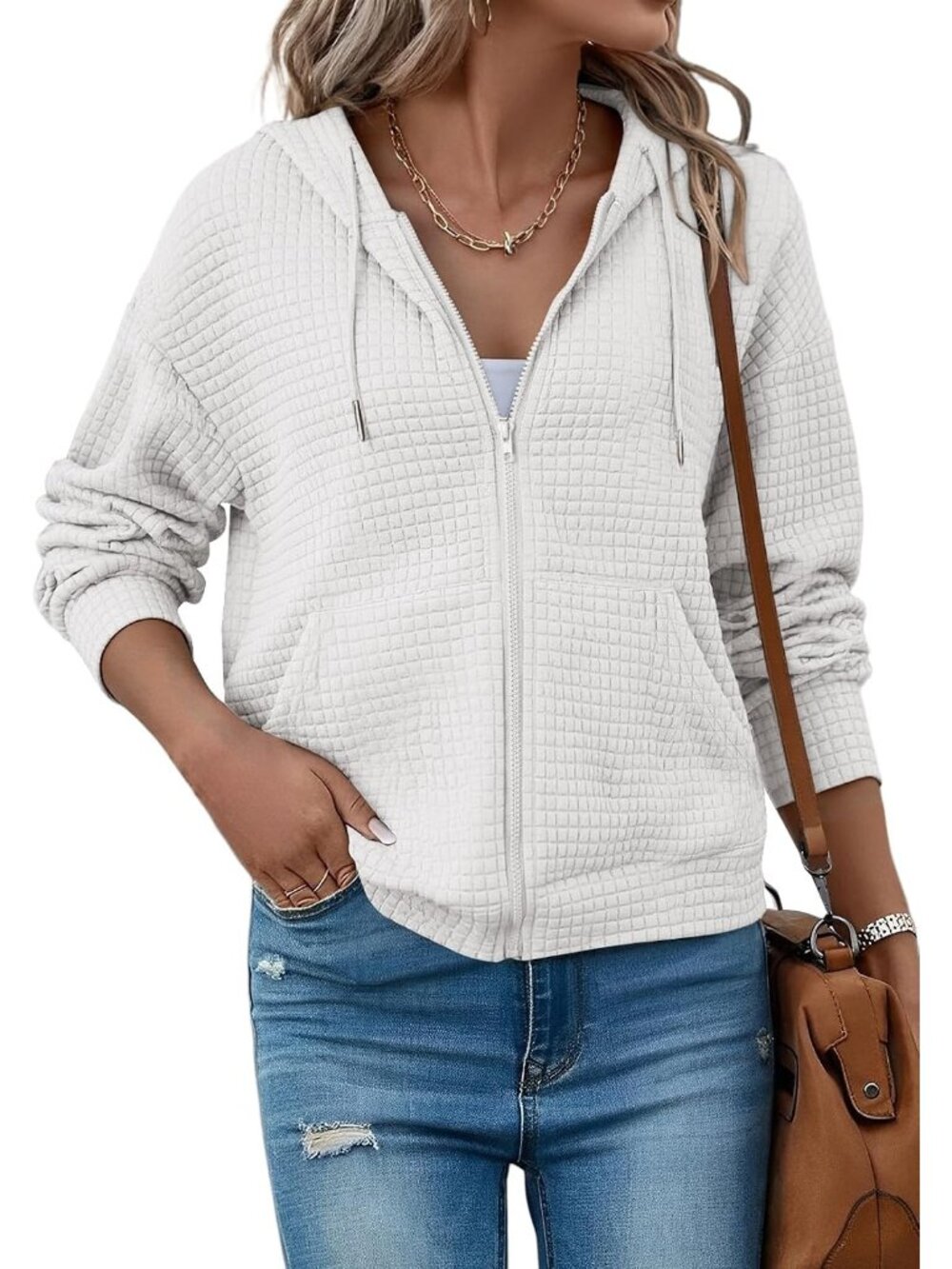〽️Women's White Zip Up Hooded Oversized Sweatshirt Fall Fashion Waffle Jacket